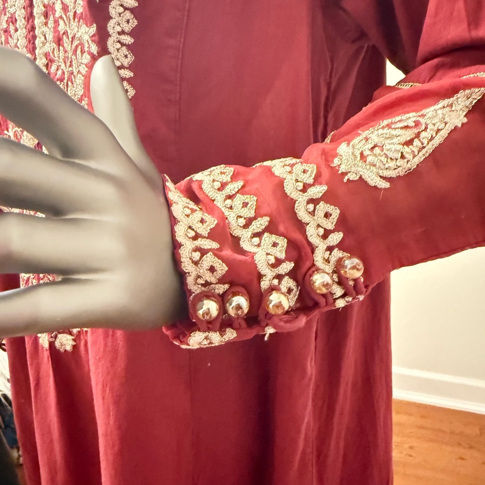 Sapphire Burgundy Cotton Tunic Top Gold Embroidery Long Sleeved‎ Dress - Picture 9 of 13